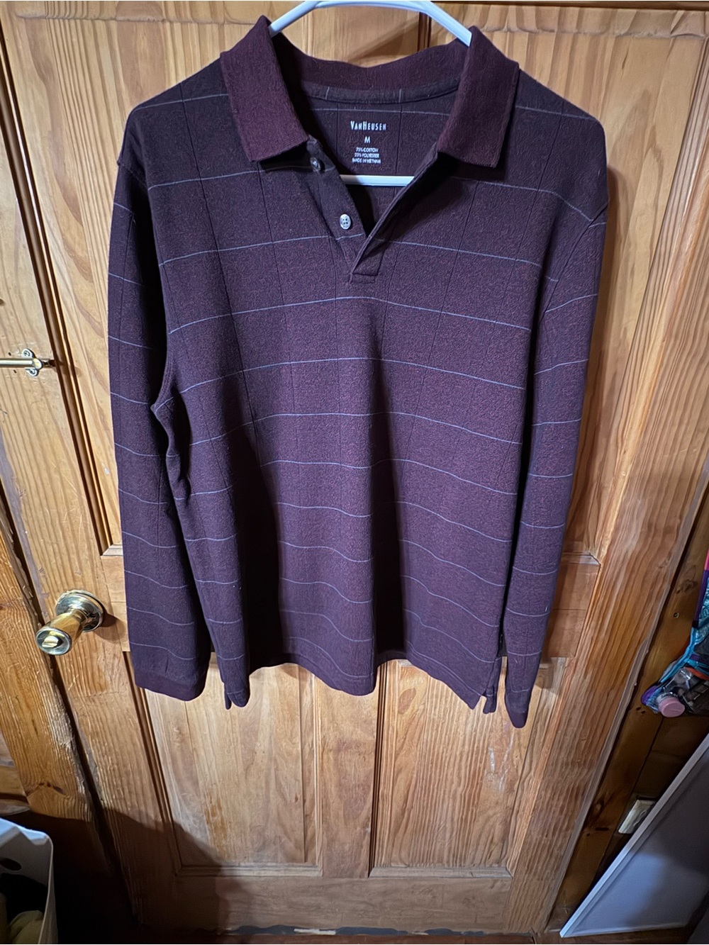 Van Heusen Men’s Long-Sleeve Polo Shirt in Deep Brown with Subtle Stripes
